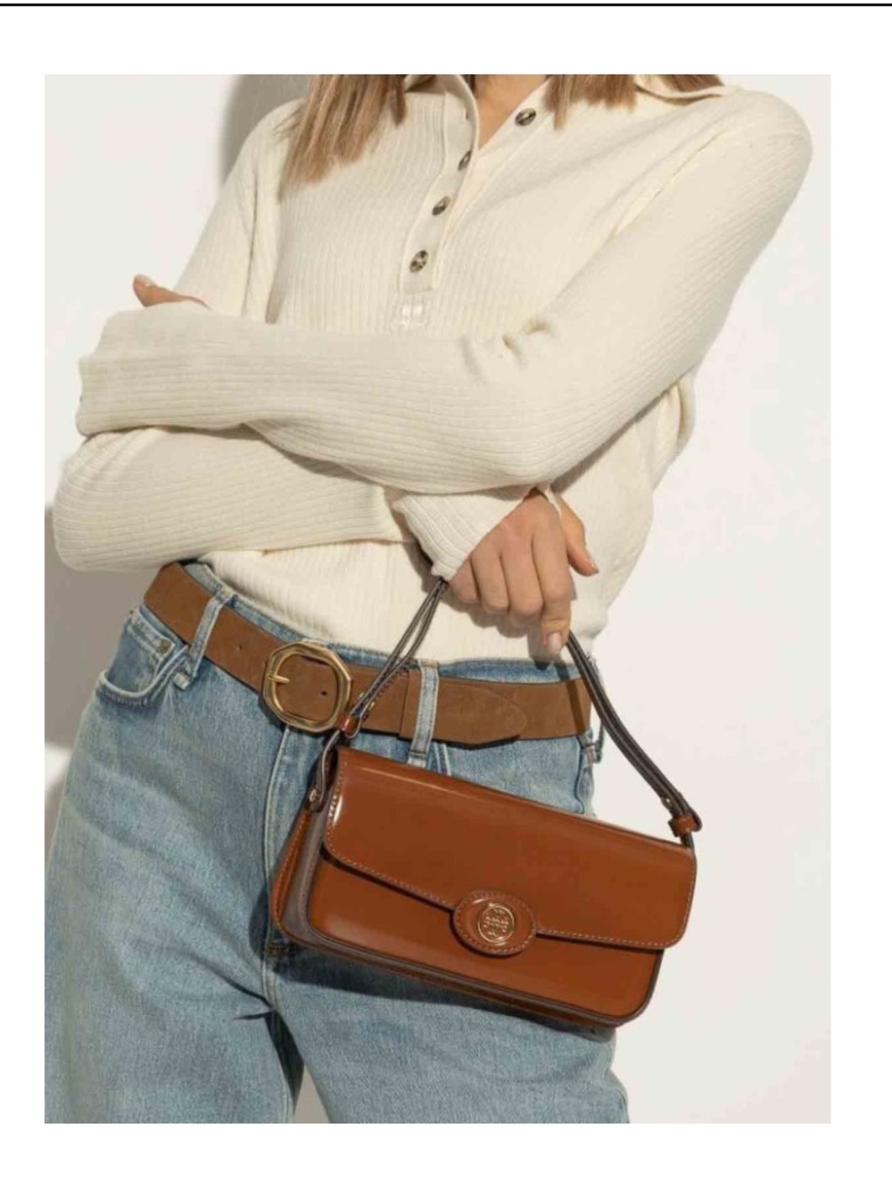 Tory Burch Robinson Spazzalato Brown Leather Shoulder Bag with Gold Logo